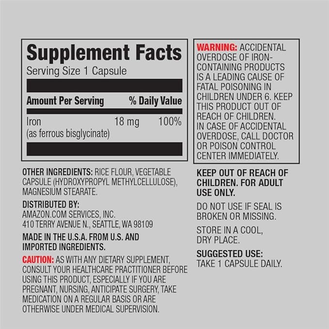 Amazon Elements Vitamin B12 Methylcobalamin 5000 mcg Berry Flavored Lozenges and Amazon Elements Iron 18mg Capsules