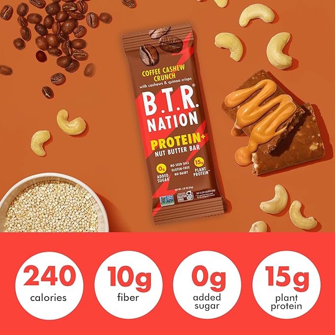 B.T.R. Nation Vegan Keto Plant Based High Protein &amp High Fiber Bars - Coffee Cashew Crunch Protein+ | 12 Bars | Low Carb &amp GF Free of Sugar Alcohols Dairy Soy and with Powerful Superfoods!