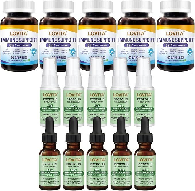 LOVITA 15-Piece Bulk Bundle - 5 Propolis Drops 5 Sprays &amp 5 Immune 8-in-1 Capsules Year-Round Immune Support (15 Pc)