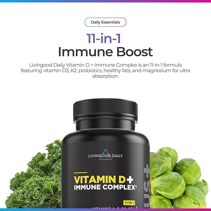 Livingood Daily Vitamin D3 K2 4000 IU Supplement 9-in-1 Dietary Supplement for Immune Support - Made with Vitamins D A E K2 Zinc Magnesium &amp Probiotic Blend for Maximum Absorption - 60 Capsu
