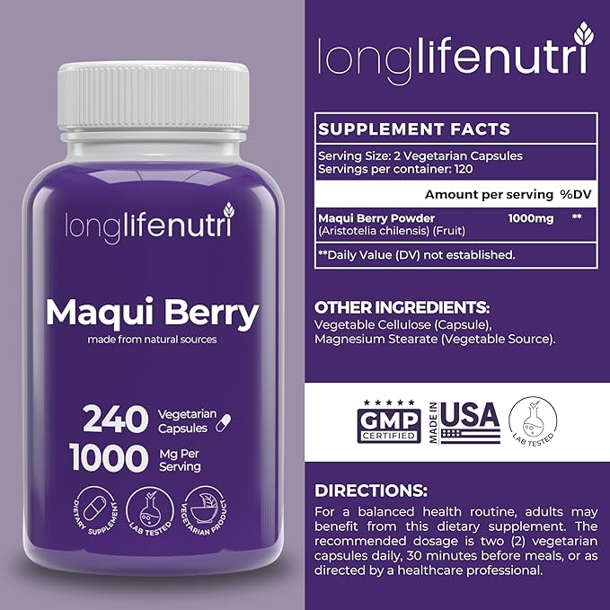 LongLifeNutri Maqui Berry 1000 mg – 240 Veg Caps (4-Month Supply) Organic Antioxidant Superfruit Vegan Non-GMO GMP-Made in USA