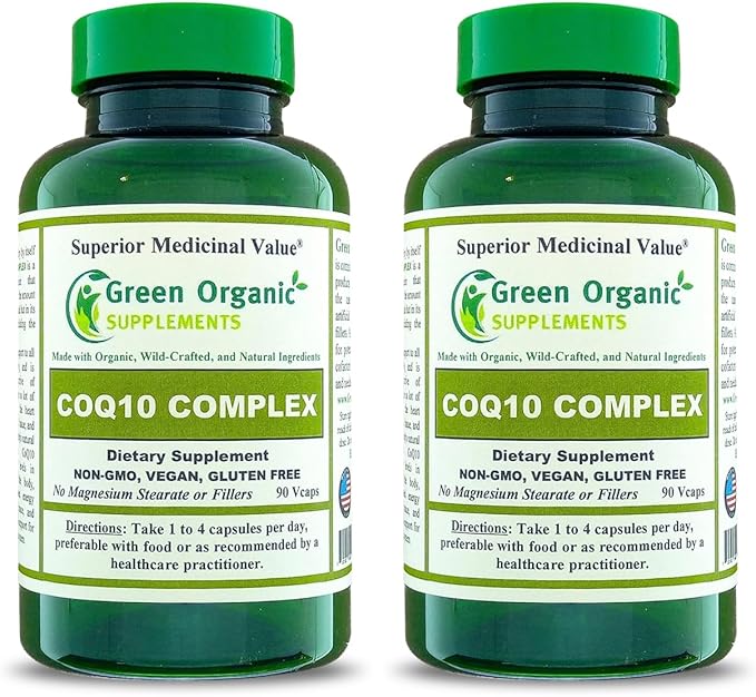 Green Organic Supplements Coq 10 Complex Ubiquinone 90 VCaps High Absorbable Non-GMO Gluten-Free (Pack of 2)