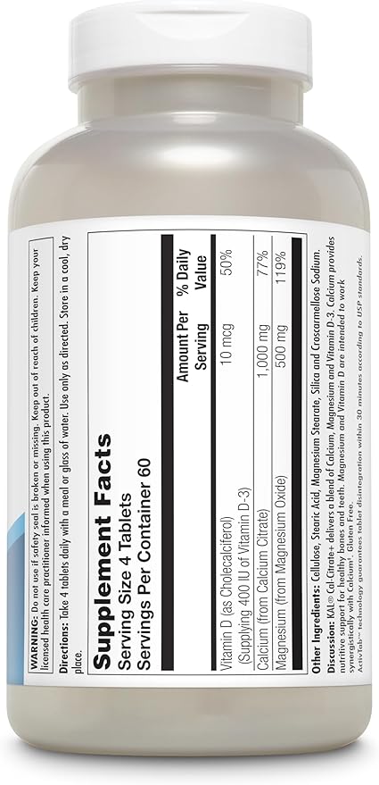 KAL Cal-Citrate+ Calcium Citrate Plus Vitamin D-3 and 500 mg of Magnesium Healthy Bones and Teeth Support Gluten Free and Lab Verified for Quality 60 Servings 240 Tablets