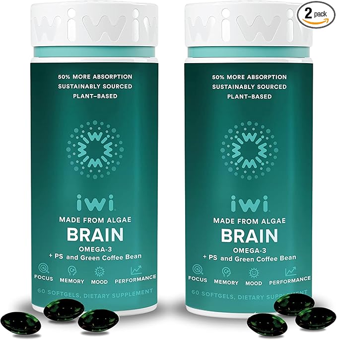 iwi life Brain Omega-3 120 Softgels (60 Servings) Vegan Plant-Based Algae Omega-3 with EPA + DHA Focus Memory and Mood Support Dietary Supplement Krill &amp Fish Oil Alternative No Fishy Aftert