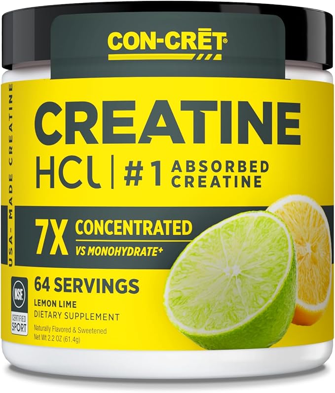 CON-CRET Creatine HCl Powder | Muscle Cognitive Cellular Energy Support | No Bloating or Cramps | USA Made &amp NSF Certified | Lemon Lime (64 Serving)