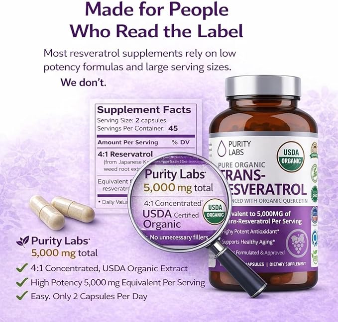Purity Labs Trans-Resveratrol Supplement 5000 mg Equivalent per Serving with Quercetin USDA Organic High Potency Antioxidant Vegan Capsules 90 Count
