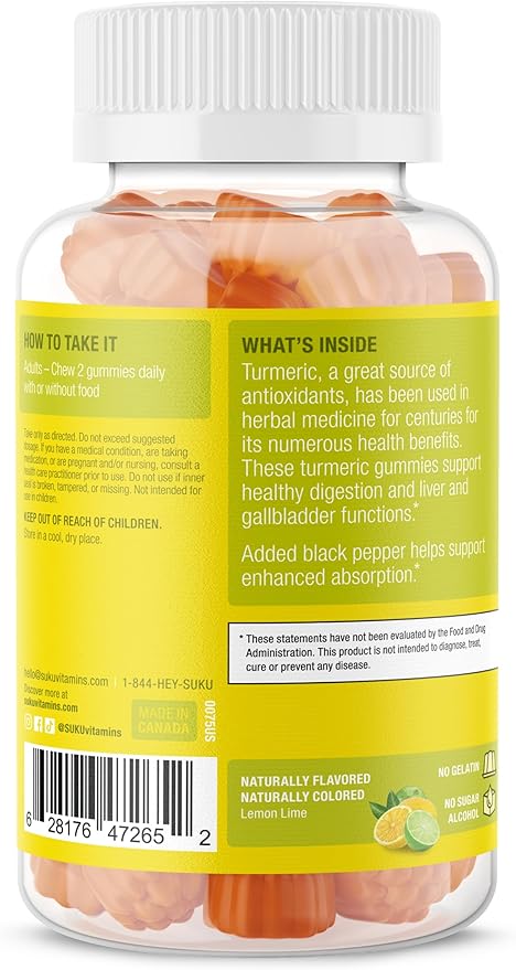 SUKU Turmeric Curcumin Sugar Free Gummies with 1003mg of Turmeric - Black Pepper Protects Liver Improves Digestion Inflammation Response &amp Joint Health – Lemon Lime Flavour (50 Gummies)