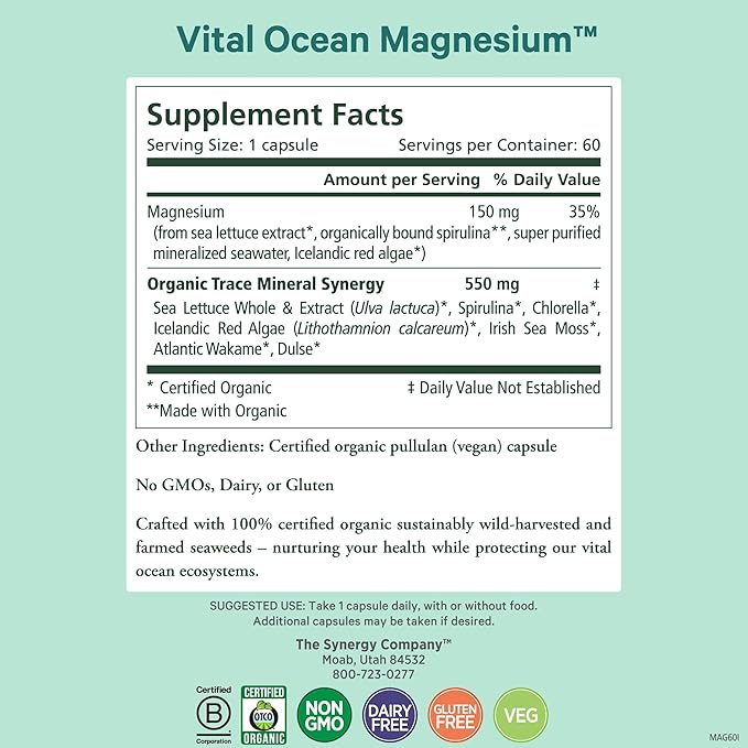 PURE SYNERGY Vital Ocean Magnesium | Organic Magnesium Supplement Capsules | Vegan Seaweed-Based Complex with Spirulina Chlorella &amp Wakame | for Energy Sleep &amp Stress (60 Capsules)