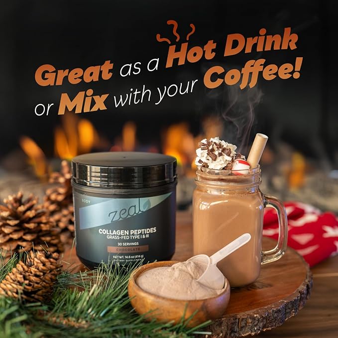 Zeal Naturals Hydrolyzed Collagen Peptides Powder 10g Protein | Grass-Fed Collagen for Women &amp Men | Essential Amino Acids | Hair Skin Nails Bone Health | 30 Servings Pure Chocolate