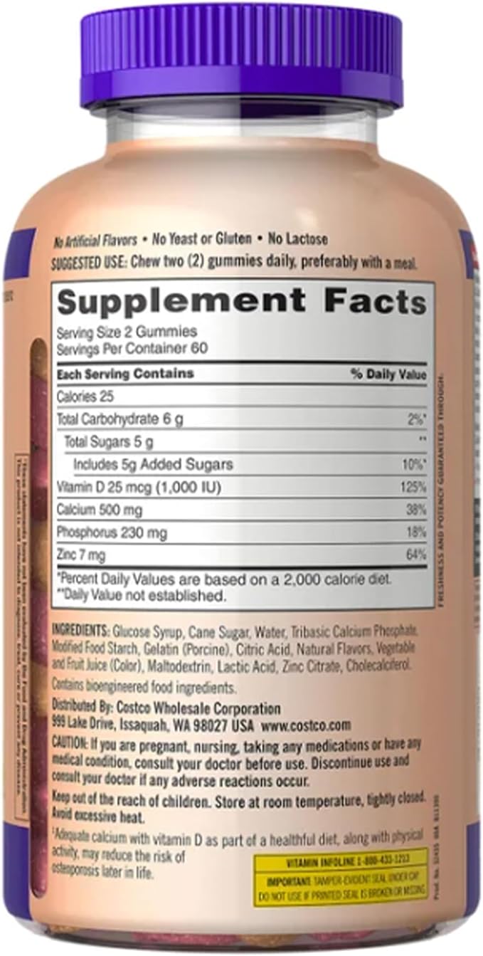 KS Calcium 500 mg with Vitamin D3 1000 IU &amp Zinc – 120 Gummies (2-Month Supply) – Bone Teeth &amp Immune Support for Adults – Natural Orange &amp Cherry Flavors – USP Verified