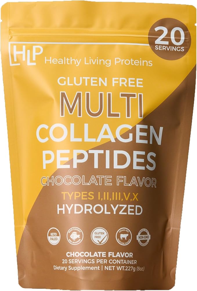 Healthy Living Proteins - Hydrolyzed Multi Collagen Peptides Powder Types I II III V &amp X - Grass Fed Bovine Wild Caught Marine Free Range Chicken - Gluten Free (Chocolate 8 oz)