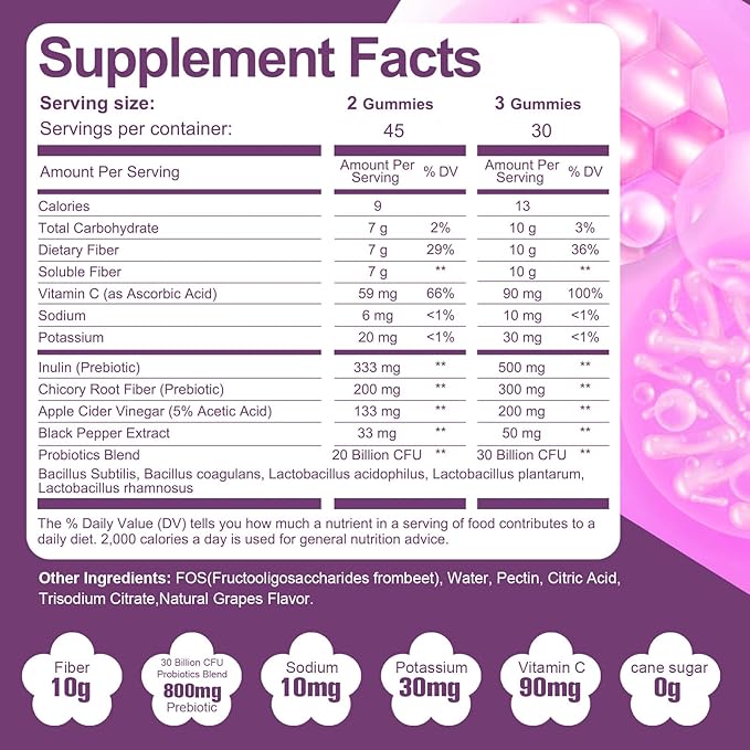 10G Fiber Gummies with 30 Billion CFU Probiotics Grape Flavor Bloating Support Fiber Supplement with Vitamin C ACV Inulin Sugar Free 180 Count