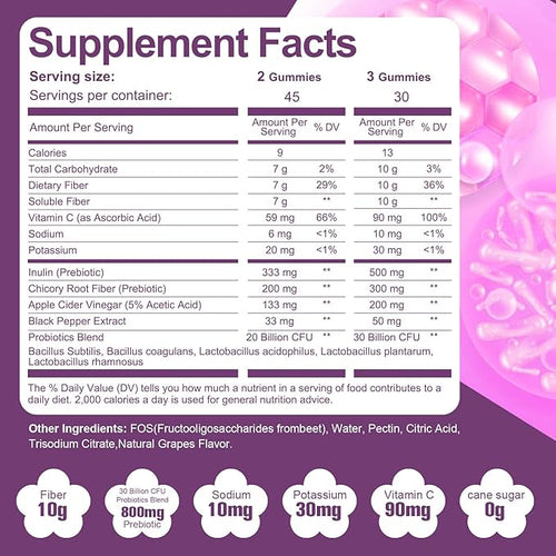 10G Fiber Gummies for Adults No Sugar Added Grape Flavor Fiber Supplement with 30 Billion CFU Probiotics Blend ACV Vitamin C Inulin Support Digestive Health 90 Count