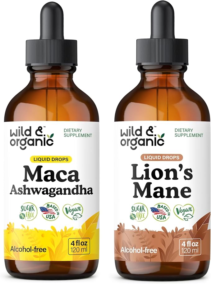 Wild &amp Organic Maca Ashwagandha Tincture 4 fl oz &amp Lion's Mane Tincture 4 fl oz