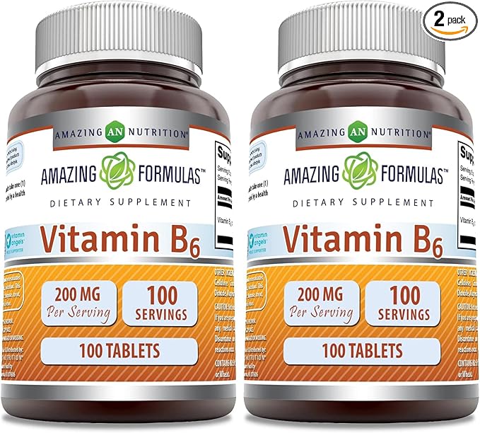 Amazing Formulas Vitamin B6 Pyridoxine 200mg 100 Tablets Supplement | Non-GMO | Gluten Free | Made in USA (Pack of 2)