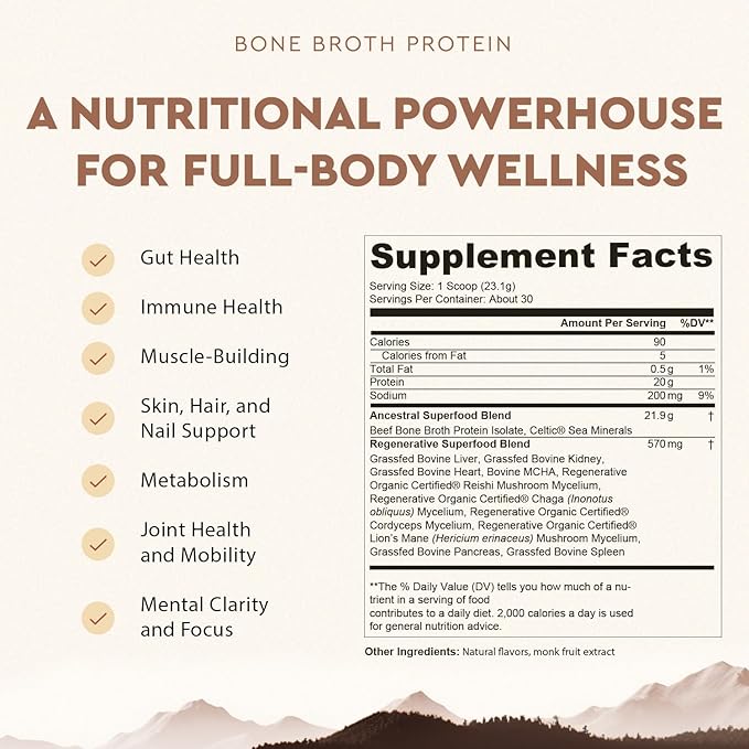 Ancestral Supplements Grass Fed Protein Powder Vanilla Chai Bone Broth Protein + Beef Organs + Organic Mushrooms 20g Protein Gut Health Support 30 Servings