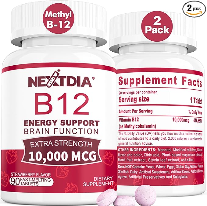 B12 Vitamins 10000 mcg Methylated Vitamin B12 Sublingual - Energy Boost Focus Metabolism &amp Brain Health Support Immune System Support Fast Dissolve Natural Strawberry Flavor 180 Servings