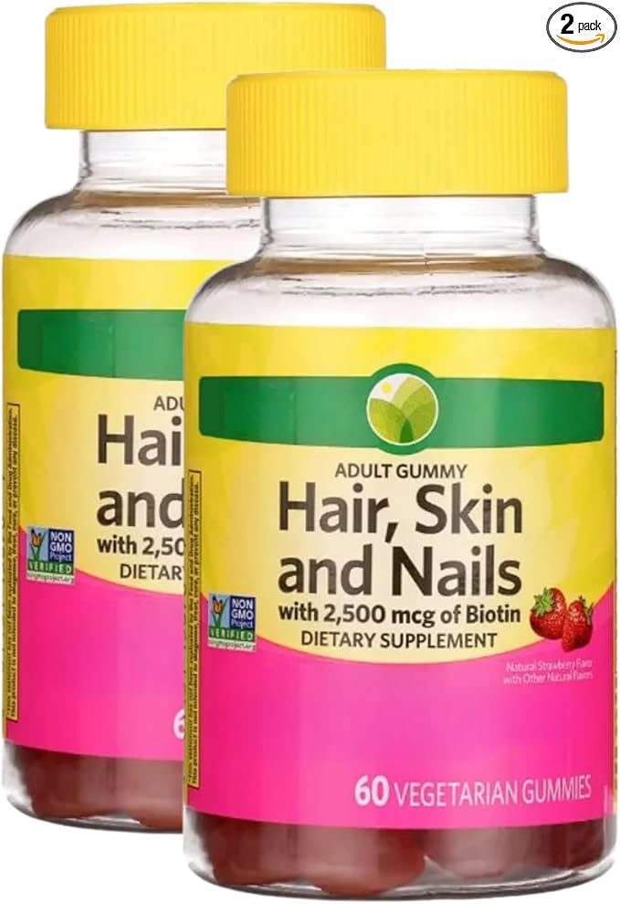 KP+ Hair Skin &amp Nails Biotin 2500 mcg | Adult Gummy Vitamins | Supports Healthy Hair Glowing Skin &amp Strong Nails | Strawberry Flavor | 60 Vegetarian Gummies | Non-GMO* | Pack of 2