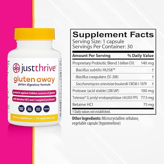 Just Thrive Gluten Away - 30 Servings Digestive Enzymes + Probiotic Support for Gluten Defense - Vegan Gut Health Supplement