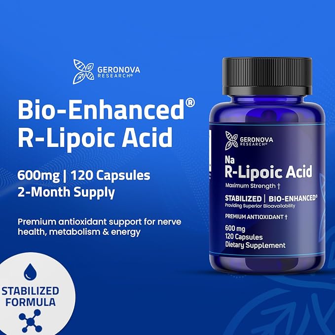 Geronova Research Bio-Enhanced R-Lipoic Acid 600 mg Dose - 2 Month Supply - Stabilized R Alpha Lipoic Acid with Enhanced Absorption - R Lipoic Acid Supplement - 120 Capsules