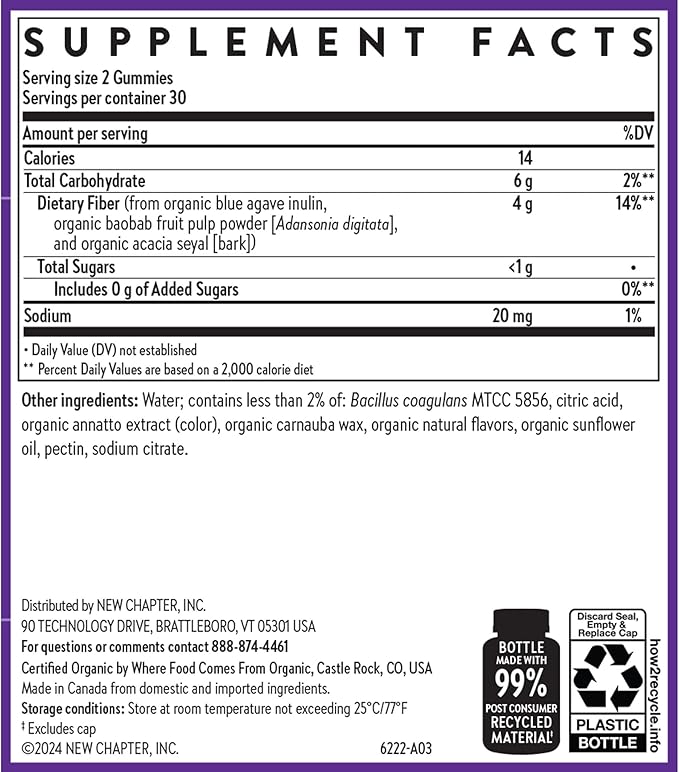 New Chapter Organic Fiber Gummies for Adults &amp Kids (Age 4+) Plant-Based Prebiotic Fiber for Digestive Health Vegan Non-GMO USDA Organic Gluten Free Citrus-Berry Flavored 60 ct (Pack of 2)