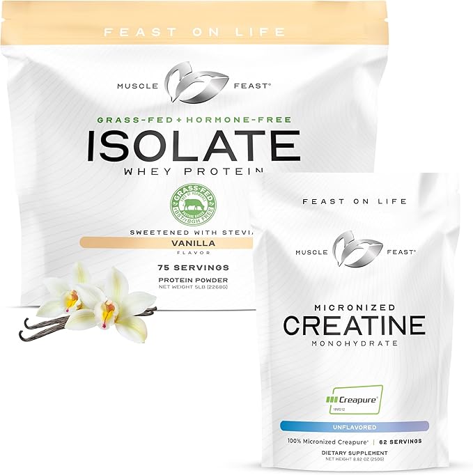 Muscle Feast Bundle – Whey Protein Isolate (Vanilla 5lb) + Creapure Micronized Creatine Monohydrate (Unflavored 250g) – 1 Unit Each