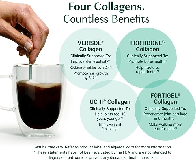 ALGAECAL Collagen - 4 Clinically-Supported Peptides VERISOL® FORTIGEL® UC-II® FORTIBONE® Anti-Aging Hydrolyzed Collagen Powder 60 Servings Made in USA