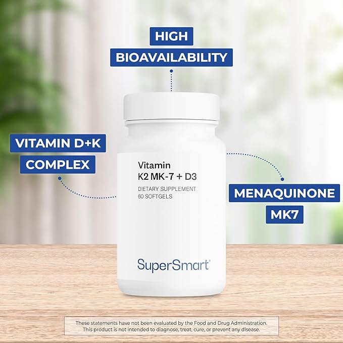 Supersmart - Vitamin K2 MK7 + Vitamin D3 90mcg per Day (High Bioavailability) - Menaquinone Supplement - Vitamin D &amp K Complex | Non-GMO &amp Gluten Free - 60 Softgels