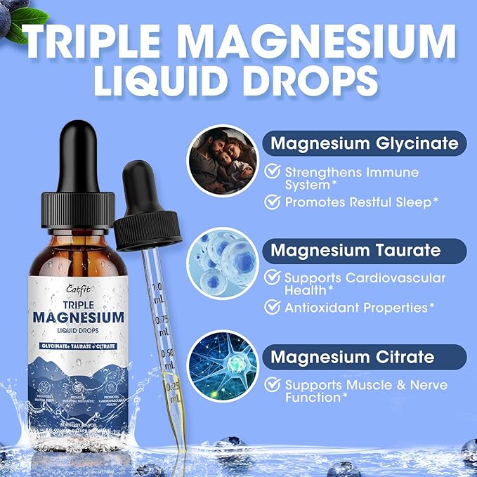 Magnesium Glycinate Liquid Drops with Taurate &amp Citrate Magnesium Supplement for Sleep Calm &amp Relaxation with Potassium &amp Omega-3 High Absorption Formula Blueberry Flavor 2 Fl Oz