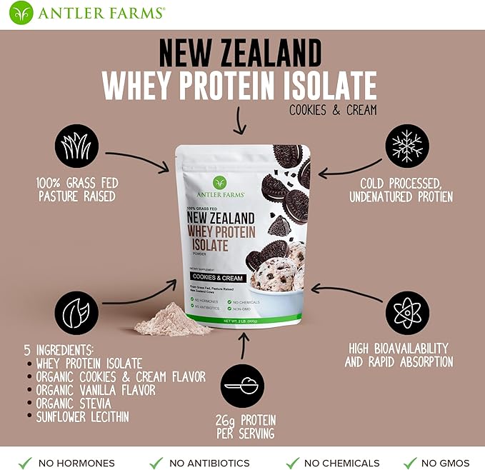 Antler Farms - 100% Grass Fed New Zealand Whey Protein Isolate Cookies &amp Cream Flavor 2 lbs - Pure and Clean 5 Ingredients Cold Processed
