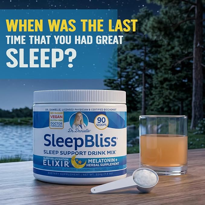 SleepBliss Nighttime Drink Mix – Melatonin Magnesium L-Theanine &amp Herbal Blend – Calming Nighttime Support Powder – Lavender &amp Chamomile – 30 Servings