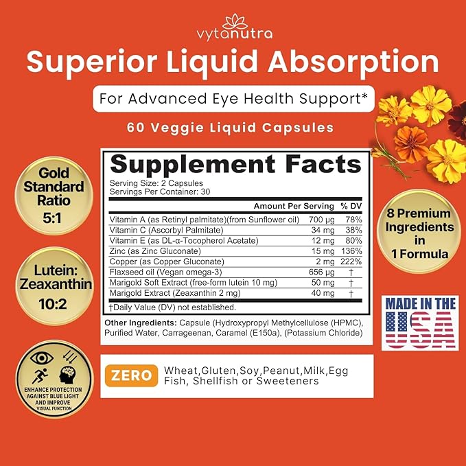 Liquid Lutein &amp Zeaxanthin – Fast-Absorbing Eye Support for Blue Light &amp Visual Health with Zinc Vitamin A &amp Antioxidants – 60 Veggie Liquid Capsules