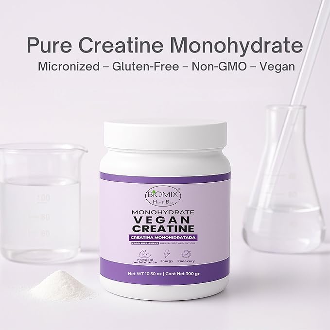 BIOMIX HEALTH &amp BEAUTY Premium Vegan Micronized Creatine Monohydrate — 300 g (60 Servings) — Gluten-Free Non-GMO Ultra Absorption