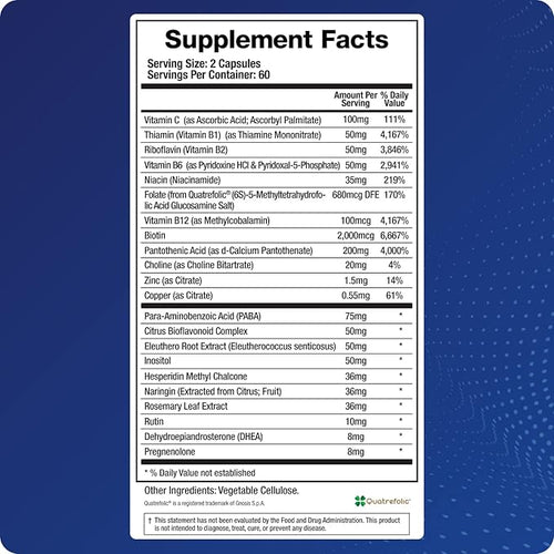 Adrenal Fatigue Supplement Cortisol Manager 5-MTHF B Vitamins Vitamin C Adaptogens Bioflavonoids DHEA Inositol 30-60 Day Supply | 120 Veggie Caps