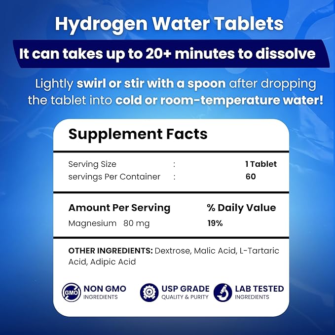 PHM Hydrogen Water Tablets for Drinking Water - H2 Molecular Tabs | Magnesium Pills Electrolytes Hydration Supplement to Support Healthy Aging &amp Energy Boost | 90 Tablets 3 Months Supply