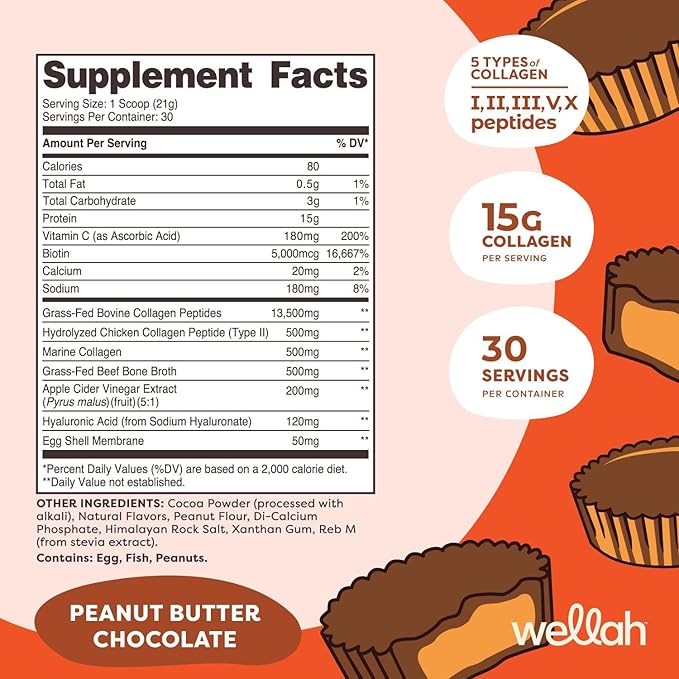 Wellah The Afterglow Multi Collagen Protein + Beauty (Peanut Butter Chocolate Flavored) 30 Servings