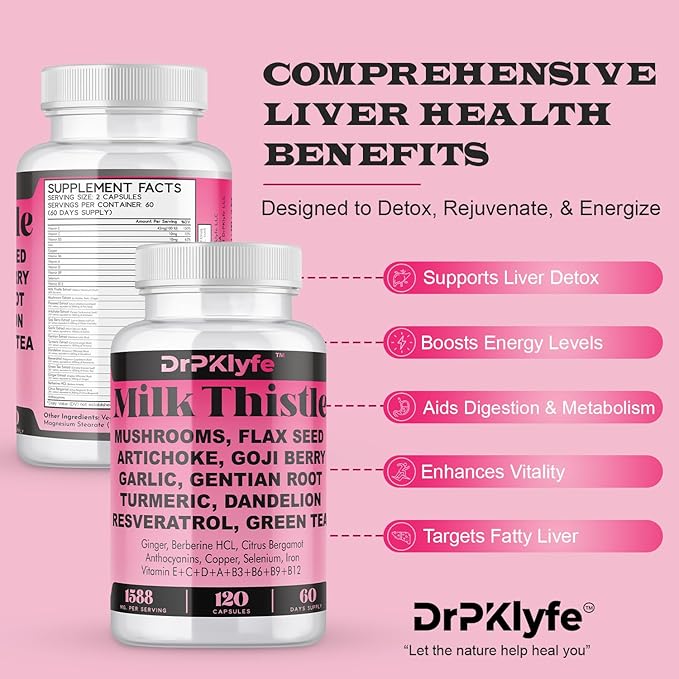 Milk Thistle Capsules for Liver Detox &amp Cleanse Support – with Dandelion Root Resveratrol Artichoke Moringa Silymarin – 120 Capsules (60-Day Supply)