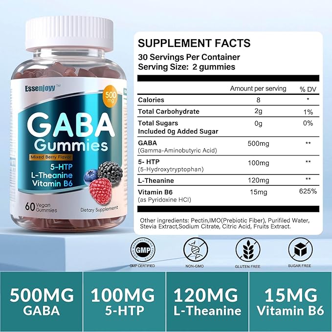 Liposomal GABA Gummies 500mg with 5-HTP L-Theanine &amp Vitamin B6 -Sugar Free GABA Supplement for Calm &amp Zzz-60 Servings Mixed Berry Flavor