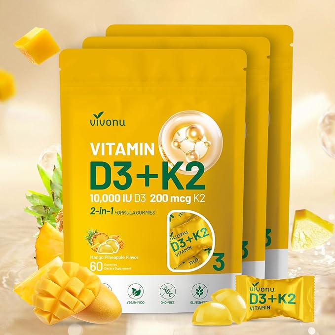 Vitamin D3 K2 Gummies D3 10000 IU &amp MK7-200 mcg 2 in 1 Vitamins D &amp K Complex | Vitamina D3 con K2 | Supports Calcium Absorption Bone Immune &amp Heart Health Easy to Carry and use (180