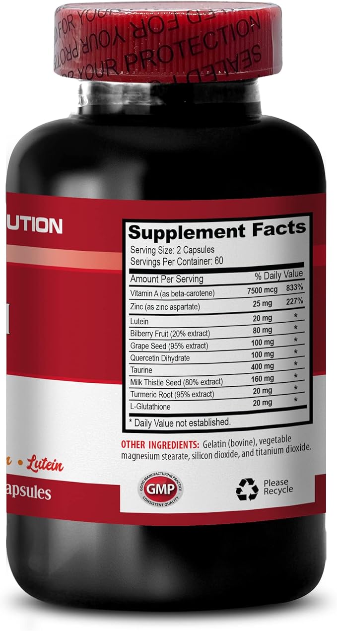 Vitamins for Eye Care - Maximum Vision Support - Promotes Healthy Vision - l-Taurine Supplement Lutein Bilberry Fruit Grape Seed Quercetin Dihydrate L-Taurine Vitamin A Pills 2 Bot 120 Caps