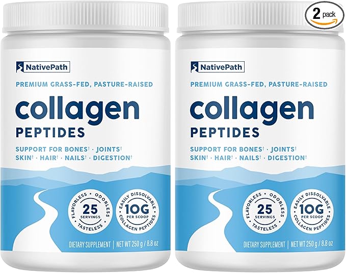 NativePath Collagen Peptides - Hydrolyzed Type 1 &amp 3 Collagen Powder for Skin Hair Nails - 8.8 oz (25 Servings) (Pack of 2)