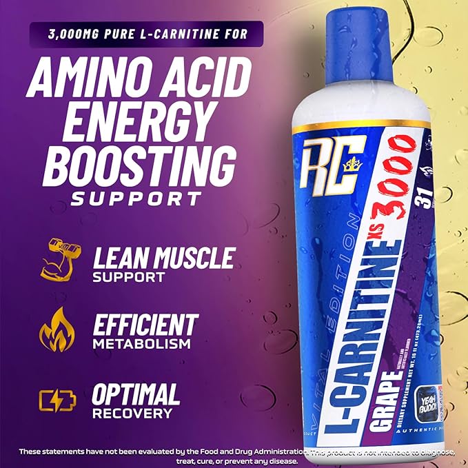 Ronnie Coleman Signature Series L-Carnitine XS 3000 Liquid Amino Acids Metabolism and Lean Muscle Strength Support Stimulant Free Sugar Free Zero Carbs Grape 16 Oz
