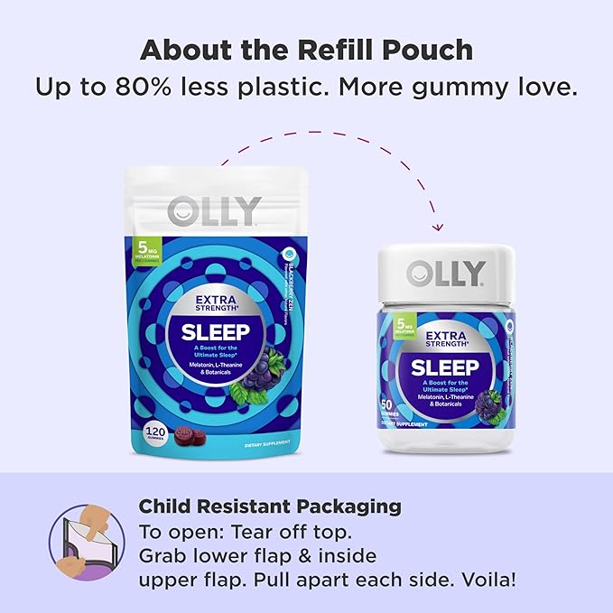 OLLY Extra Strength Sleep Gummy 5 mg Melatonin L-Theanine Chamomile Lemon Balm Extracts Sleep Aid BlackBerry Flavor - 120 Count
