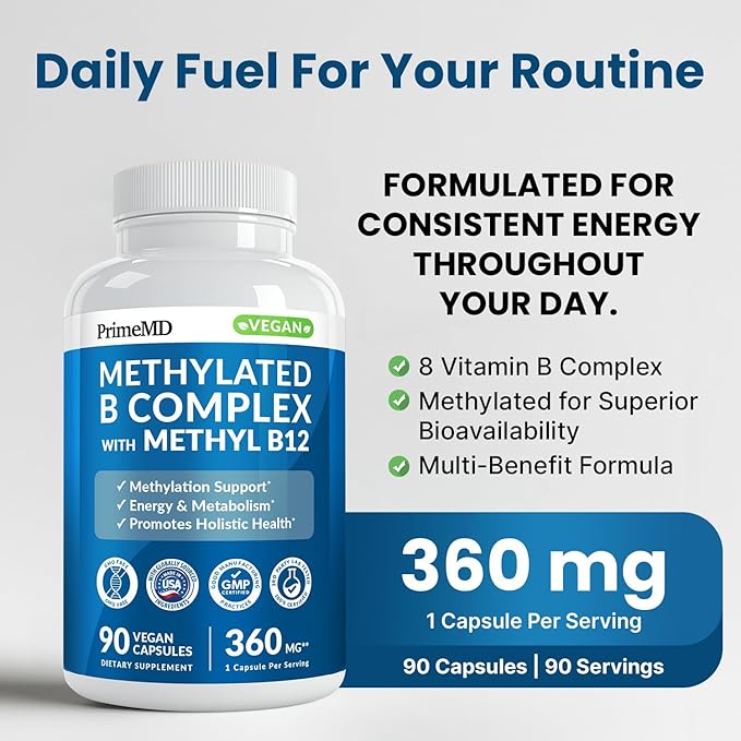 Methylated B Complex with B12 Methylcobalamin &amp Methyl Folate 1000 mcg - Premium Vitamin B Complex for Energy Brain Function and Wellness - Methylated Multivitamin (270 Servings Pack of 3)