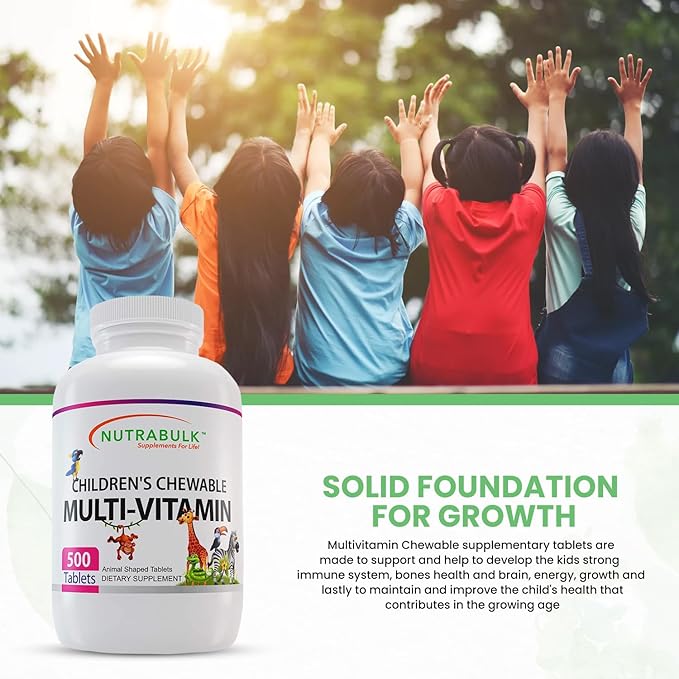 NutraBulk Children’s Chewable Multi-Vitamins - Promoting Kids' Overall Development - USA-Made May Help to Support Immune Bone Brain &amp Overall Well Being- Vegan &amp Gluten Free - 500 Cherry Ta