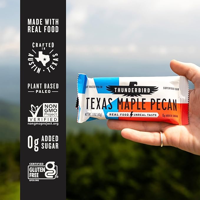 Thunderbird Bars Energy Snack Gluten-Free with Protein Healthy Real Food Vegan Paleo Non-GMO No Added Sugar Texas Maple Pecan Flavor (12 Count 1.7 oz. Bars)