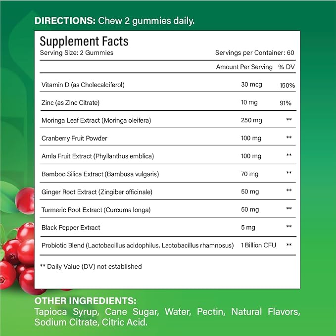120 Moringa Gummies with Ginger Turmeric Cranberry Amla Fruit &amp Probiotics | Vegan Sugar-Free Gummies
