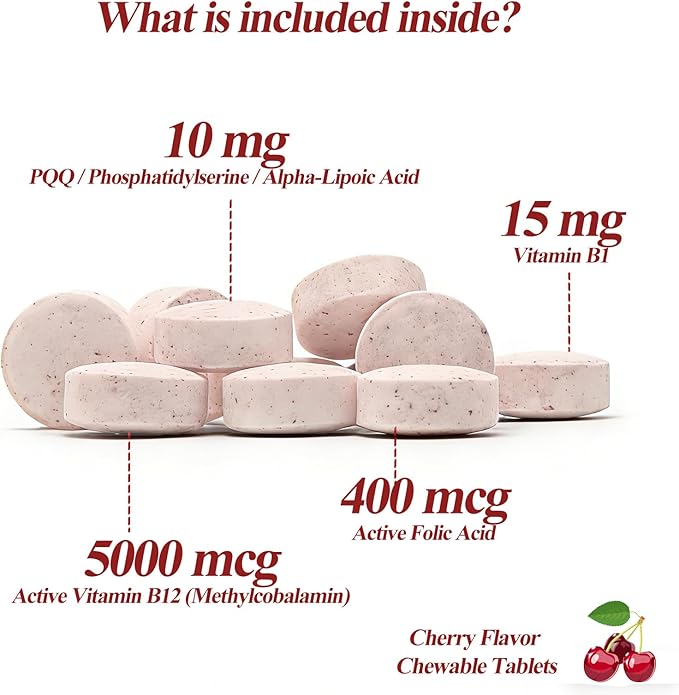 LIIFE Methylcobalamin (Higher PQQ + Vitamin B12) 5000 mcg | Boosts Antioxidant Power &amp Mitochondrial Support Promotes Brain &amp Nerve Health | 180 Chewable Tablets Gluten-Free Formula Cherry