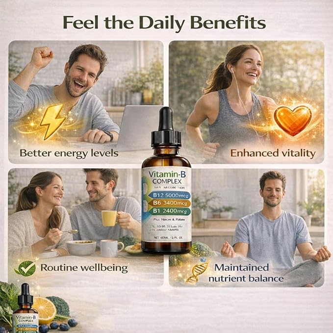 Vitamin B12 Complex Liquid Drops Sublingual B Complex with B12 B6 B1 Niacin &amp Folic Acid for Metabolic Health &amp Energy Support Vegan | Non-GMO | Gluten Free 60ml/2 fl oz 60 Servings (1