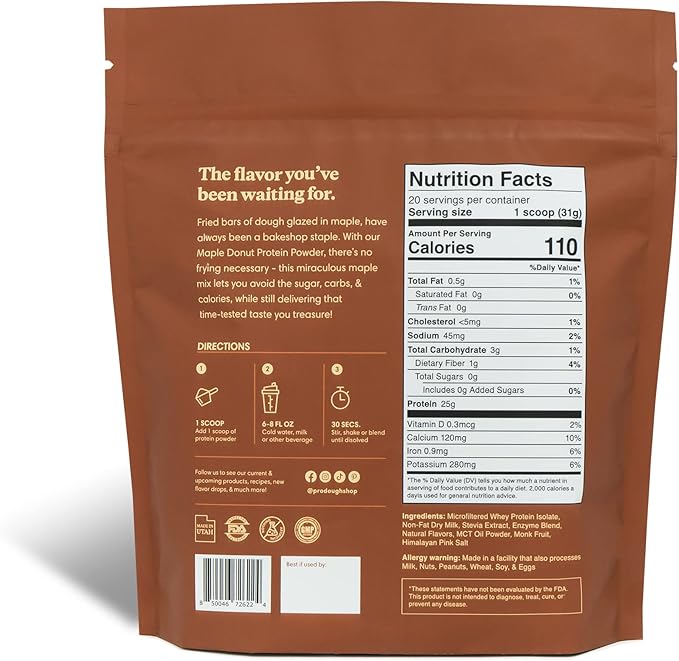 ProDough Gourmet Whey Isolate Hydrolized Protein Powder for Shake Mix- Easy Digest Enzyme Blend 25g Protein per Serving Natural Ingredients Gluten Free Keto Friendly (Maple Donut)